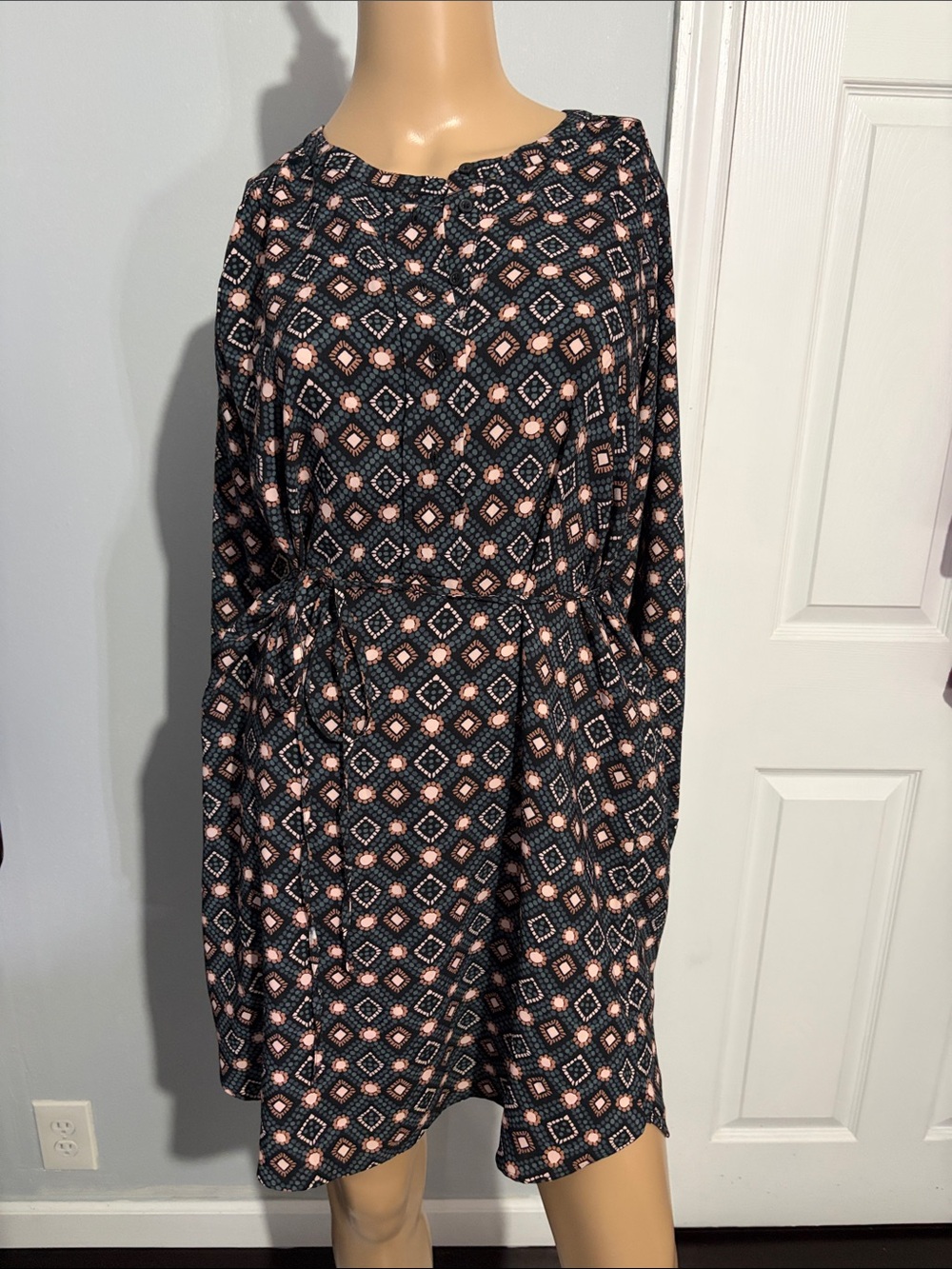 LOFT Black Dress with Pink Geometric Print and Tie Waist